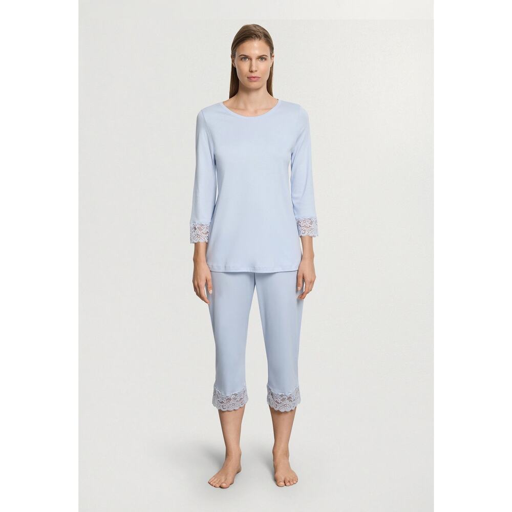 NWT Hanro Moments Lace Trim Cotton Pajama Top sz M Blue Sleepwear Comfort Modest